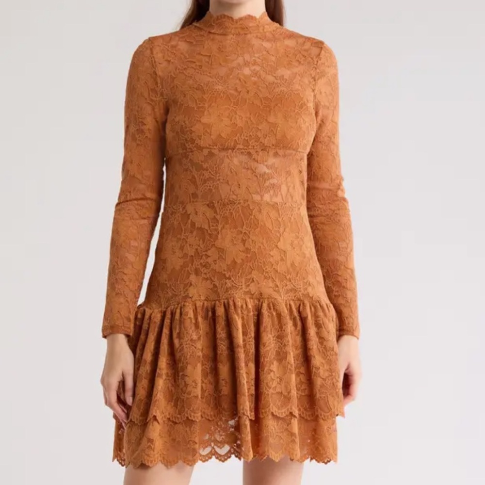 NSR Lace knit Long Sleeve Minidress in Rust Brown